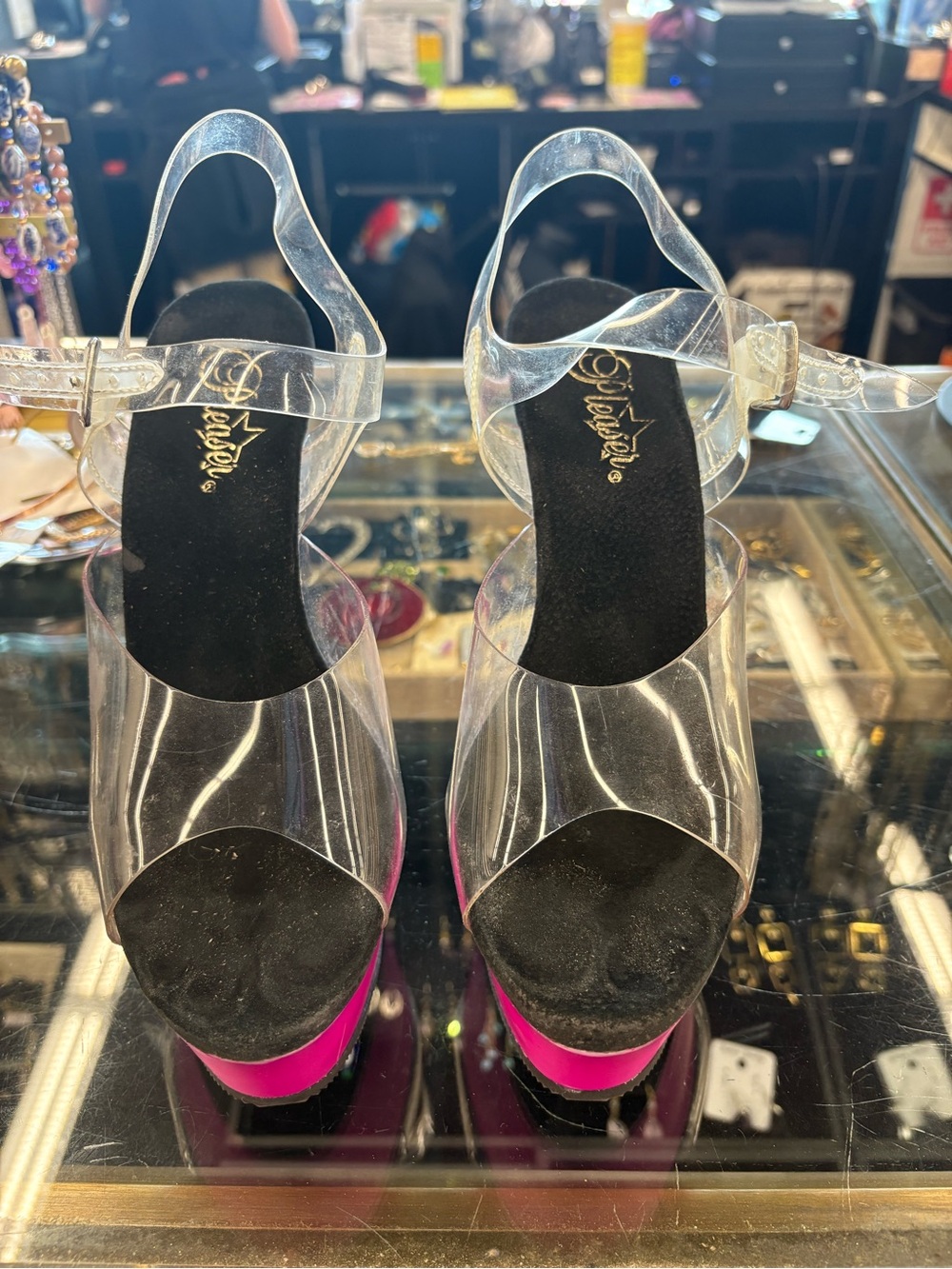 Pleaser Hot Pink Stiletto Sandals with Clear Straps